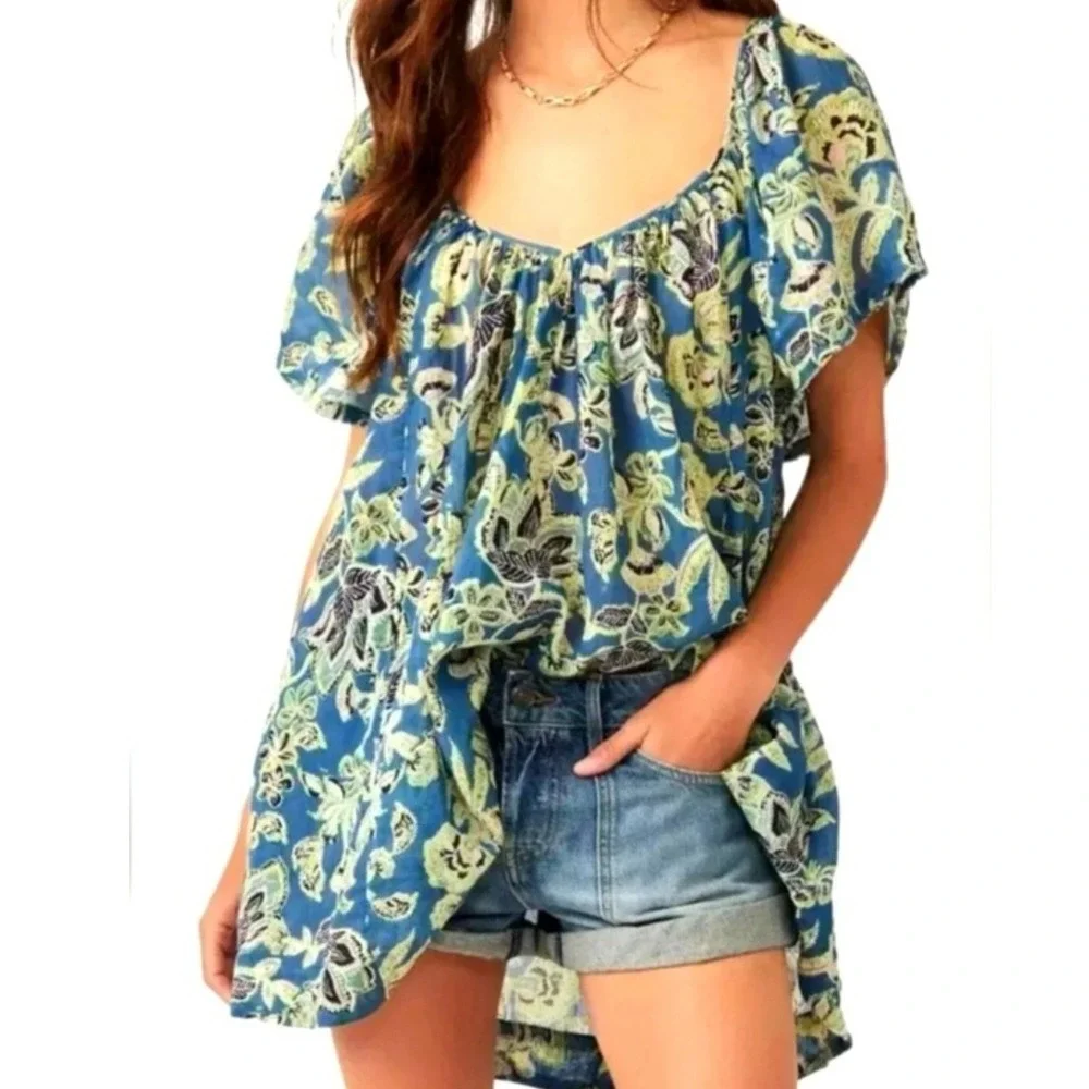 Free People Tunic Top /dress Womens S Blue Floral Short Sleeve Boho Pockets